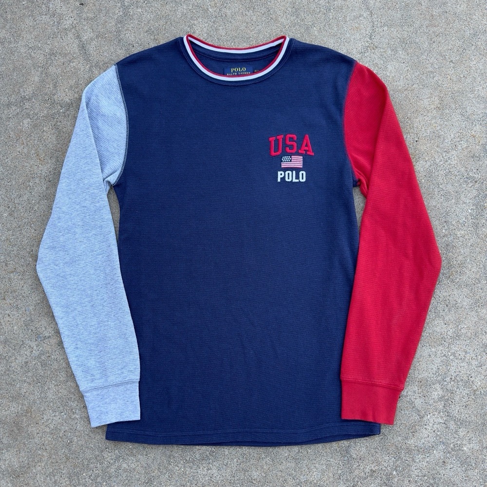 Polo Ralph Lauren Shirt Men's Medium Navy Red Gray Waffle Thermal Colorblock USA